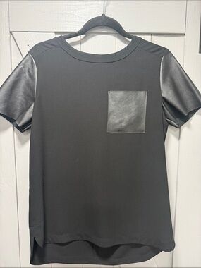 Ann Taylor Black Short-Sleeve Faux Leather Pocket Blouse